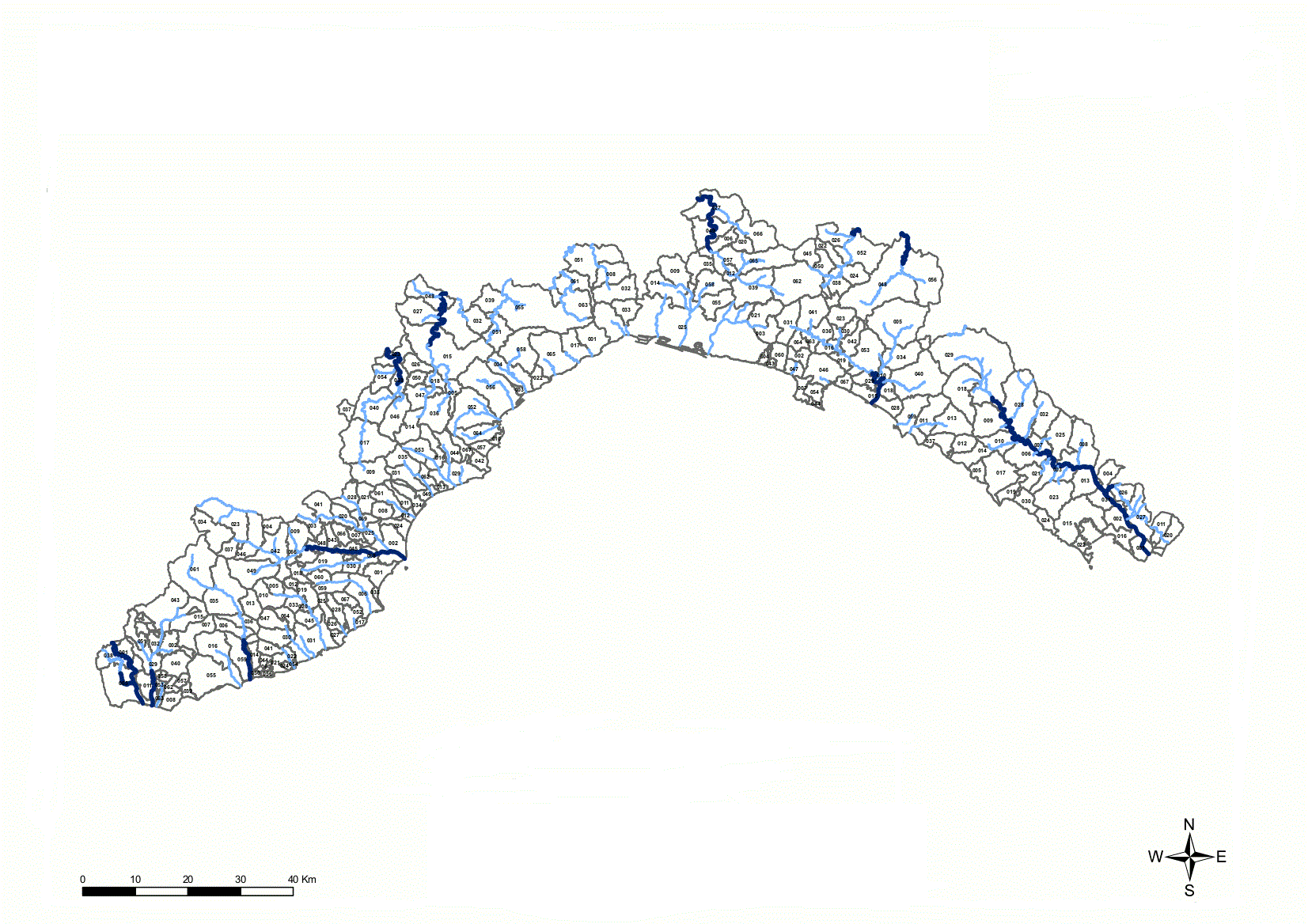 Suddivisione dei bacini idrografici della Liguria nelle tre classi: bacini piccoli, bacini medi e bacini grandi